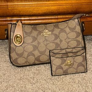 Coach Tan and Brown Signature Bag with Cardholder
